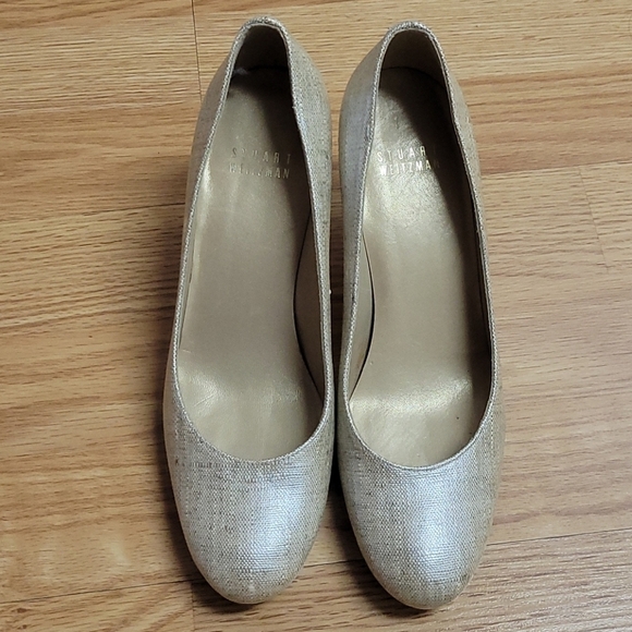 Stuart Weitzman Metallic Beige Pumps Wood Heel 7.5 - Picture 1 of 6